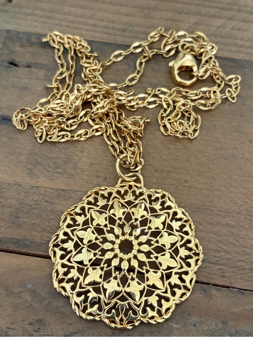 VINTAGE G ITALY 18K GP DOUBLE STRAND FILIGREE MANDALA PENDANT NECKLACE